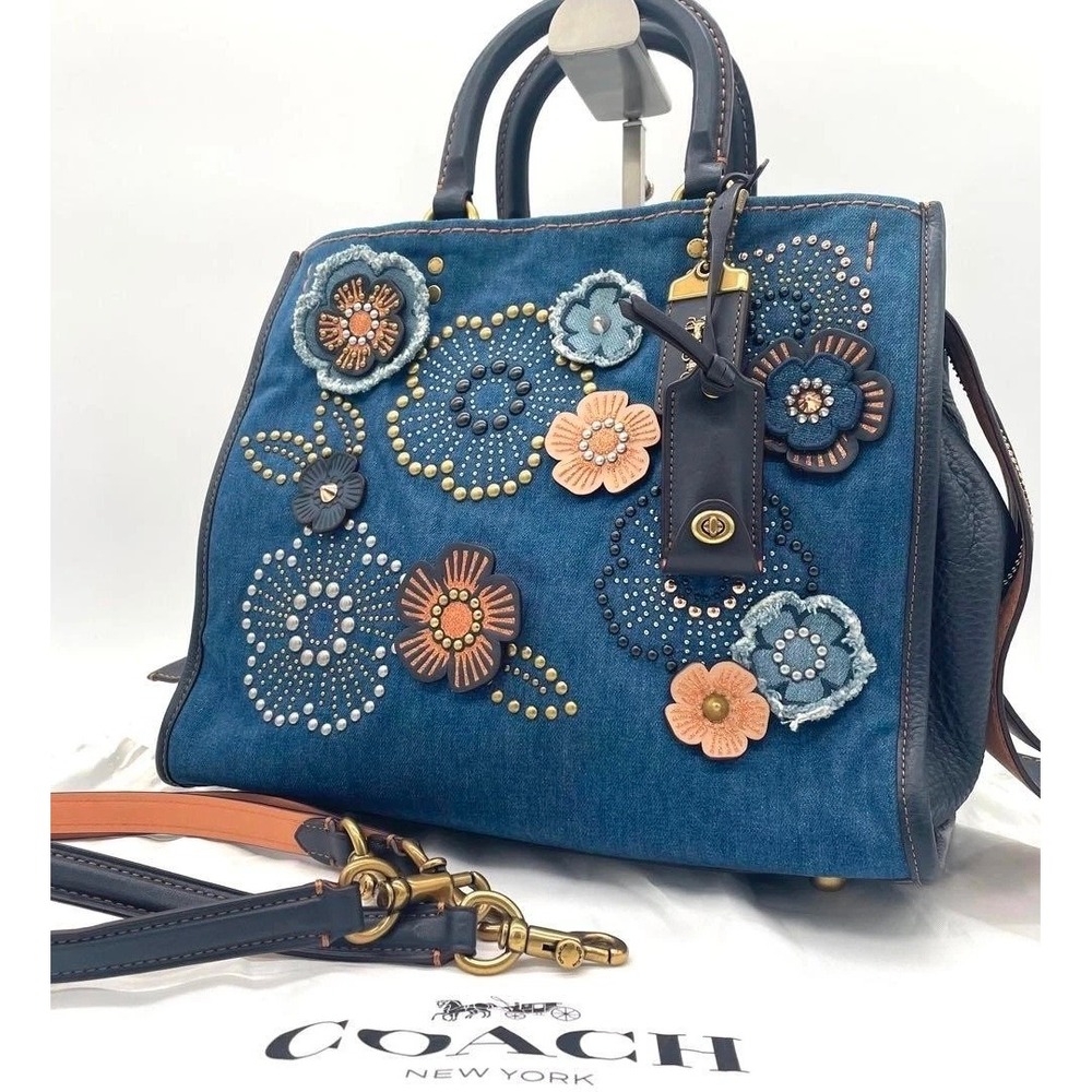 Coach Rogue 25 Denim Tea Rose Floral Applique Studded Handbag Blue Navy 20315